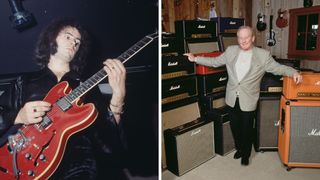 Left-Guitarist Ritchie Blackmore of rock band Deep Purple, 1969; Right-English businessman, and founder of Marshall Amplification, Jim Marshall (1923 – 2012) with a selection of his amplifiers, Los Angeles, California, 2000