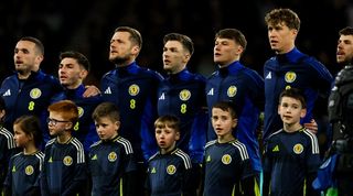Scotland players sing their anthem ahead of a friendly against Northern Ireland in March 2024.