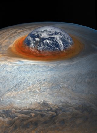 An illustration comparing the size of Jupiter's Great Red Spot to that of Earth. While the reddish-hued storm is massive, it was once much larger. According to observations taken in the 1800s, the Great Red Spot was once about four times the diameter of Earth.