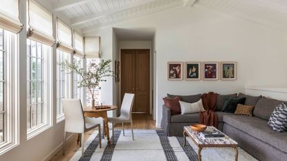 Cozy minimalist living room with dining table