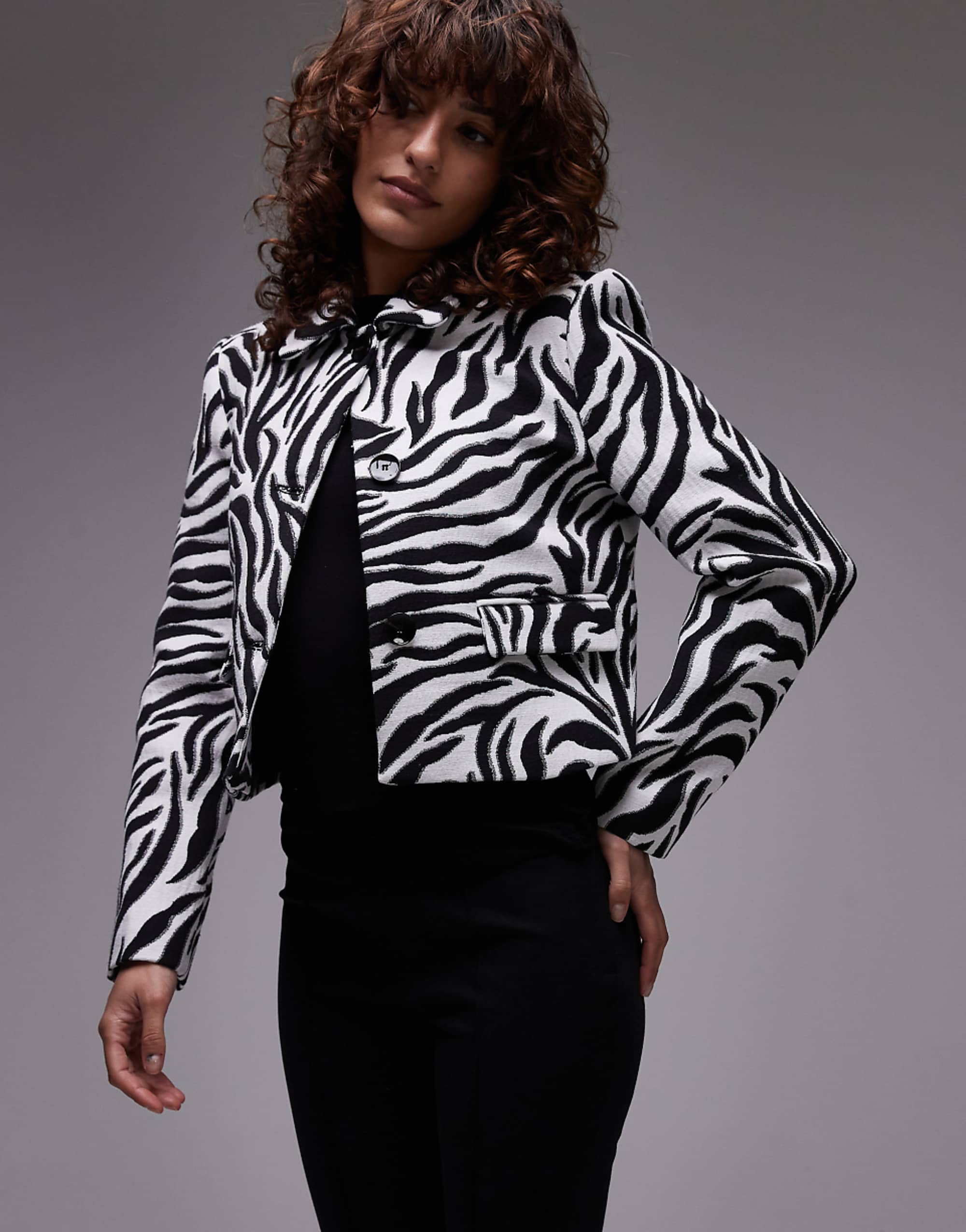 Mango Zebra Print Cropped Jacket in White