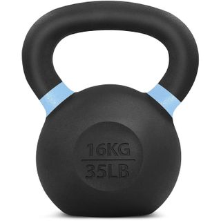 Black kettlebell with blue stripes on base of handles and 16kg 35lb imprinted on face on white background