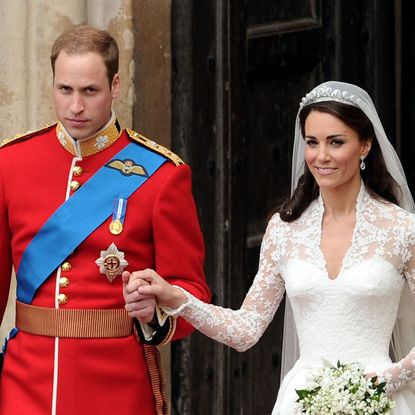 Prince William and Kate Middleton exit Westminster Abbey after their Royal Wedding on April 29, 2011 in London, England