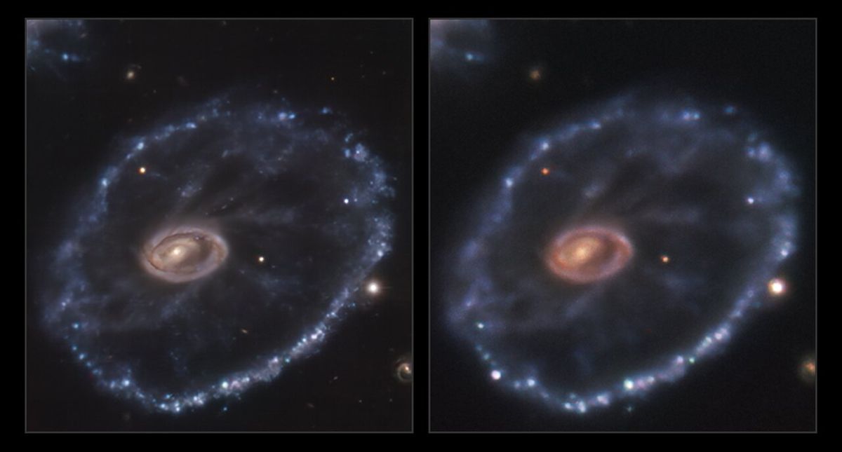 The image on the left was taken by the Multi Unit Spectroscopic Explorer (MUSE) mounted on ESO&#039;s Very Large Telescope (VLT) in August 2014, before the supernova occurred. The image on the right was taken in December 2021 with ESO&#039;s New Technology Telescope, showing a bright spot in the lower left corner of the image, suggesting a supernova occurred in the time between these two photos were taken. 