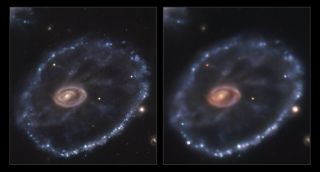 The image on the left was taken by the Multi Unit Spectroscopic Explorer (MUSE) mounted on ESO's Very Large Telescope (VLT) in August 2014, before the supernova occurred. The image on the right was taken in December 2021 with ESO's New Technology Telescope, showing a bright spot in the lower left corner of the image, suggesting a supernova occurred in the time between these two photos were taken. 