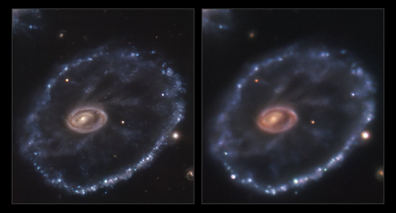 The image on the left was taken by the Multi Unit Spectroscopic Explorer (MUSE) mounted on ESO's Very Large Telescope (VLT) in August 2014, before the supernova occurred. The image on the right was taken in December 2021 with ESO's New Technology Telescope, showing a bright spot in the lower left corner of the image, suggesting a supernova occurred in the time between these two photos were taken. 