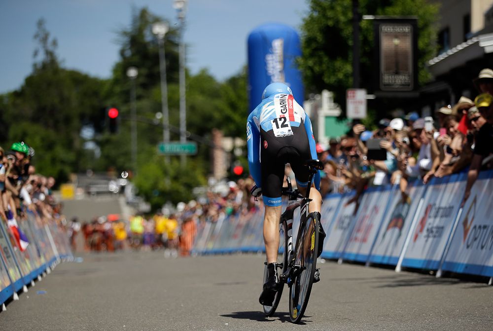 A Garmin rider heads out onto the time trial course in Folsom.