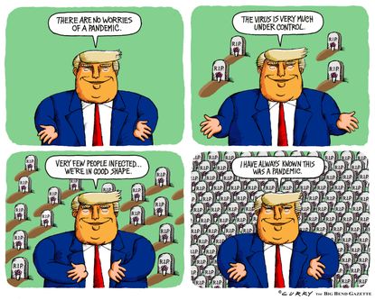 Political Cartoon U.S. Trump press briefing coronavirus deaths