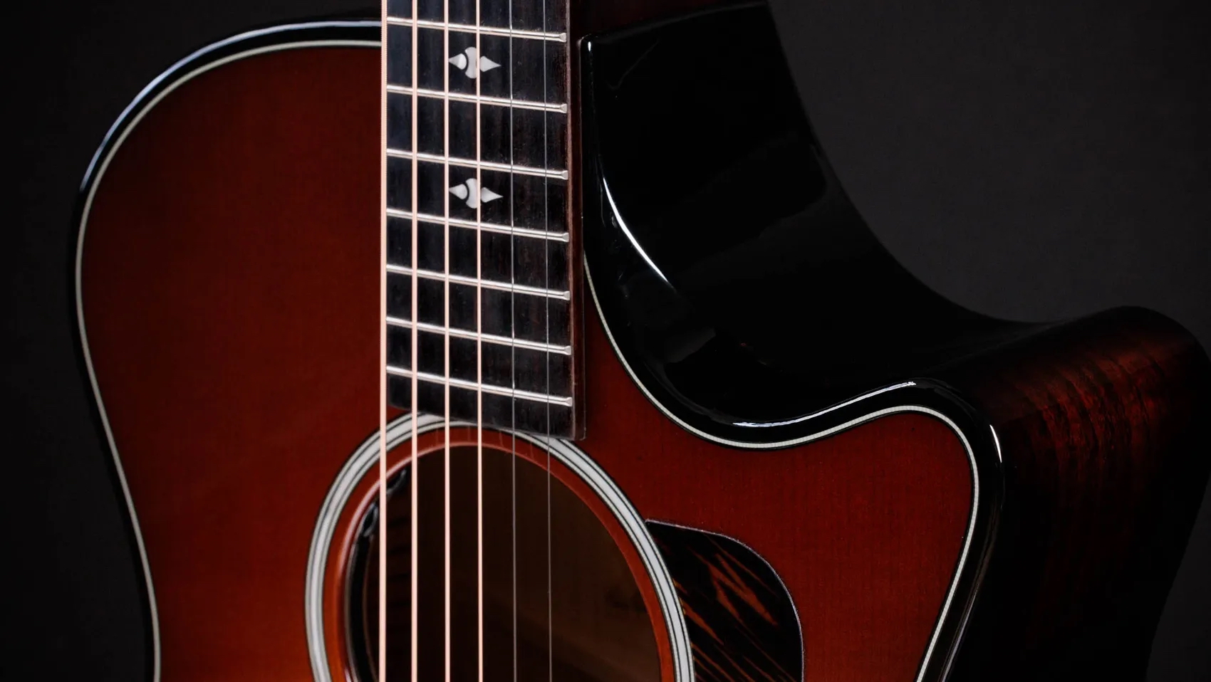 A photo showing a detail of the Taylor Next Generation 514ce Builder&rsquo;s Edition in Kona Burst