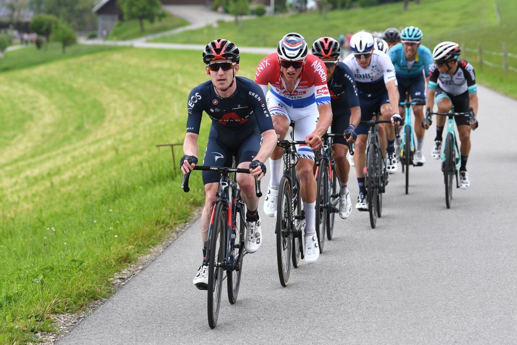 PFAFFNAU SWITZERLAND JUNE 08 Eddie Dunbar of Ireland and Team INEOS Grenadiers Mathieu Van Der Poel of Netherlands and Team AlpecinFenix in the Breakaway during the 84th Tour de Suisse 2021 Stage 3 a 185km stage from Lachen to Pfaffnau 509m UCIworldtour tds tourdesuisse on June 08 2021 in Pfaffnau Switzerland Photo by Tim de WaeleGetty Images