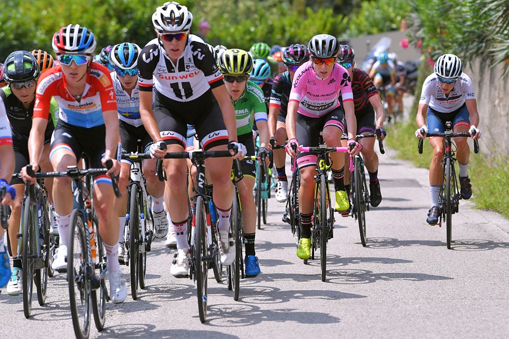 Annemiek van Vleuten of The Netherlands and Team Mitchelton-Scott Pink Leader Jersey / Amanda Spratt of Australia and Team Mitchelton-Scott Green Mountain Jersey / Eleonora van Dijk of The Netherlands and Team Sunweb / Christine Majerus of Luxembourg and Boels - Dolmans Cycling Team