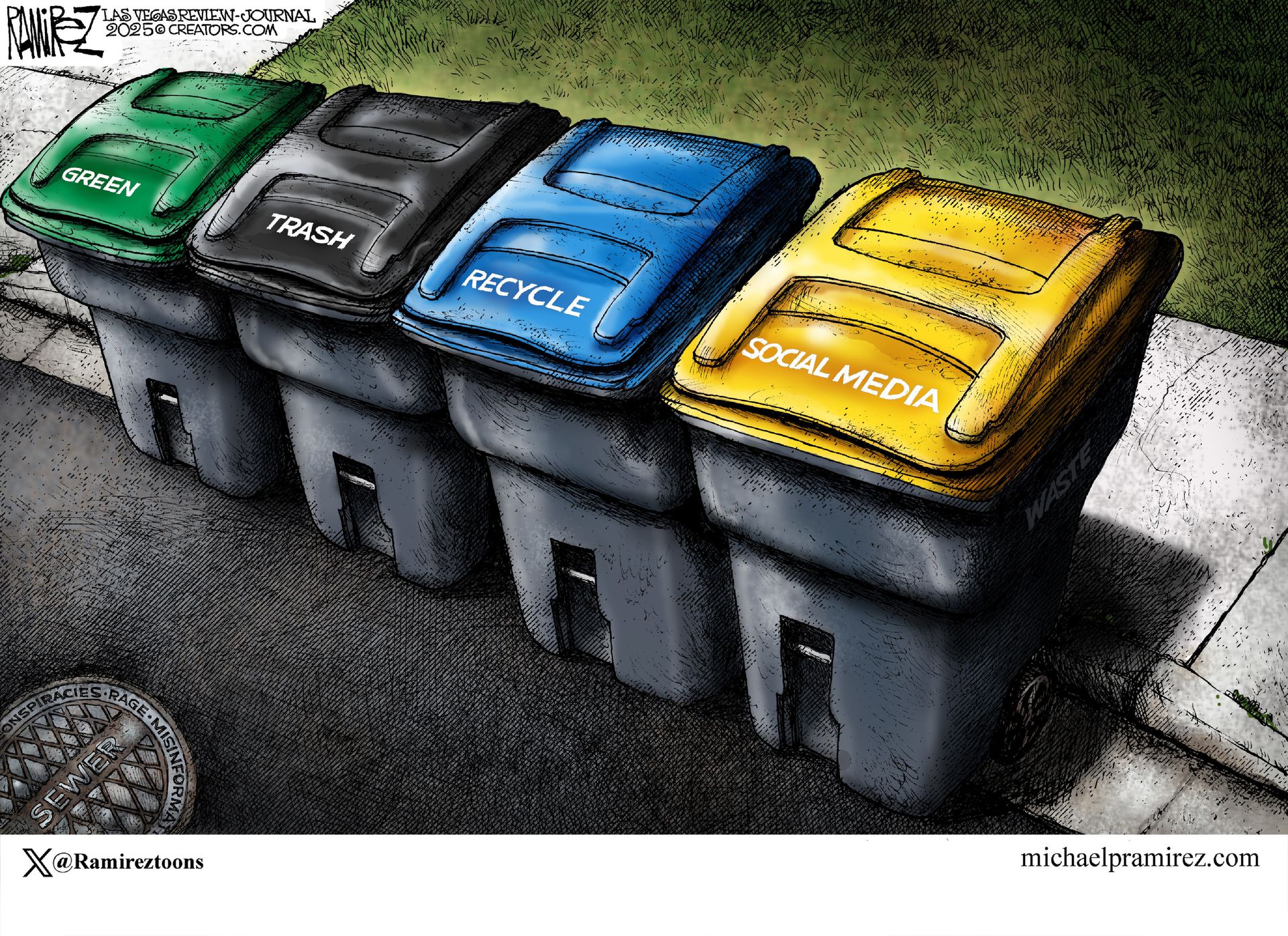 
                                This editorial cartoon depicts four different garbage cans, each with a different color. From left they are, “Green” ‘Trash” “Recycle” and “Social Media.”
                            