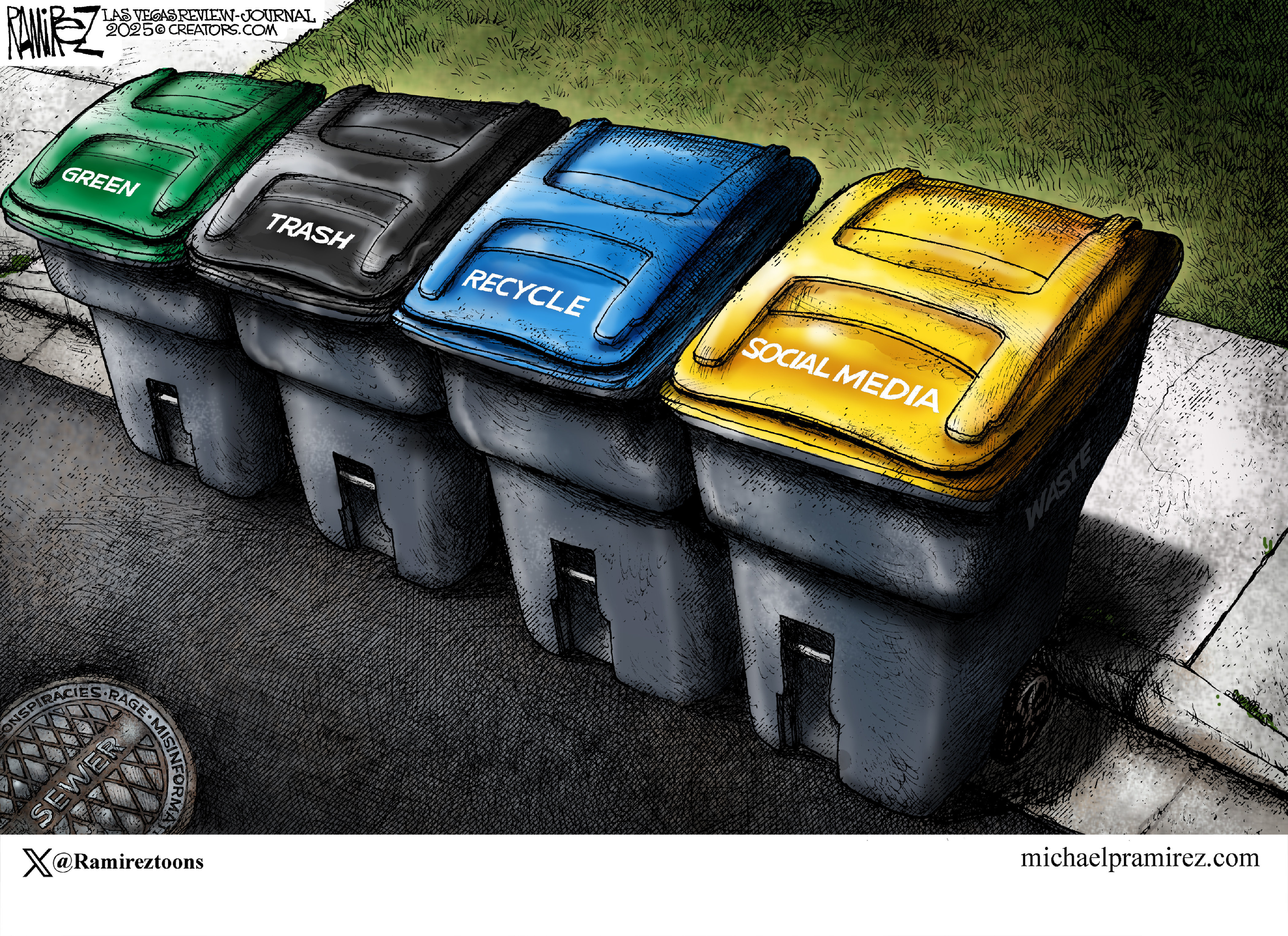 This editorial cartoon depicts four different garbage cans, each with a different color. From left they are, &amp;ldquo;Green&amp;rdquo; &amp;lsquo;Trash&amp;rdquo; &amp;ldquo;Recycle&amp;rdquo; and &amp;ldquo;Social Media.&amp;rdquo;