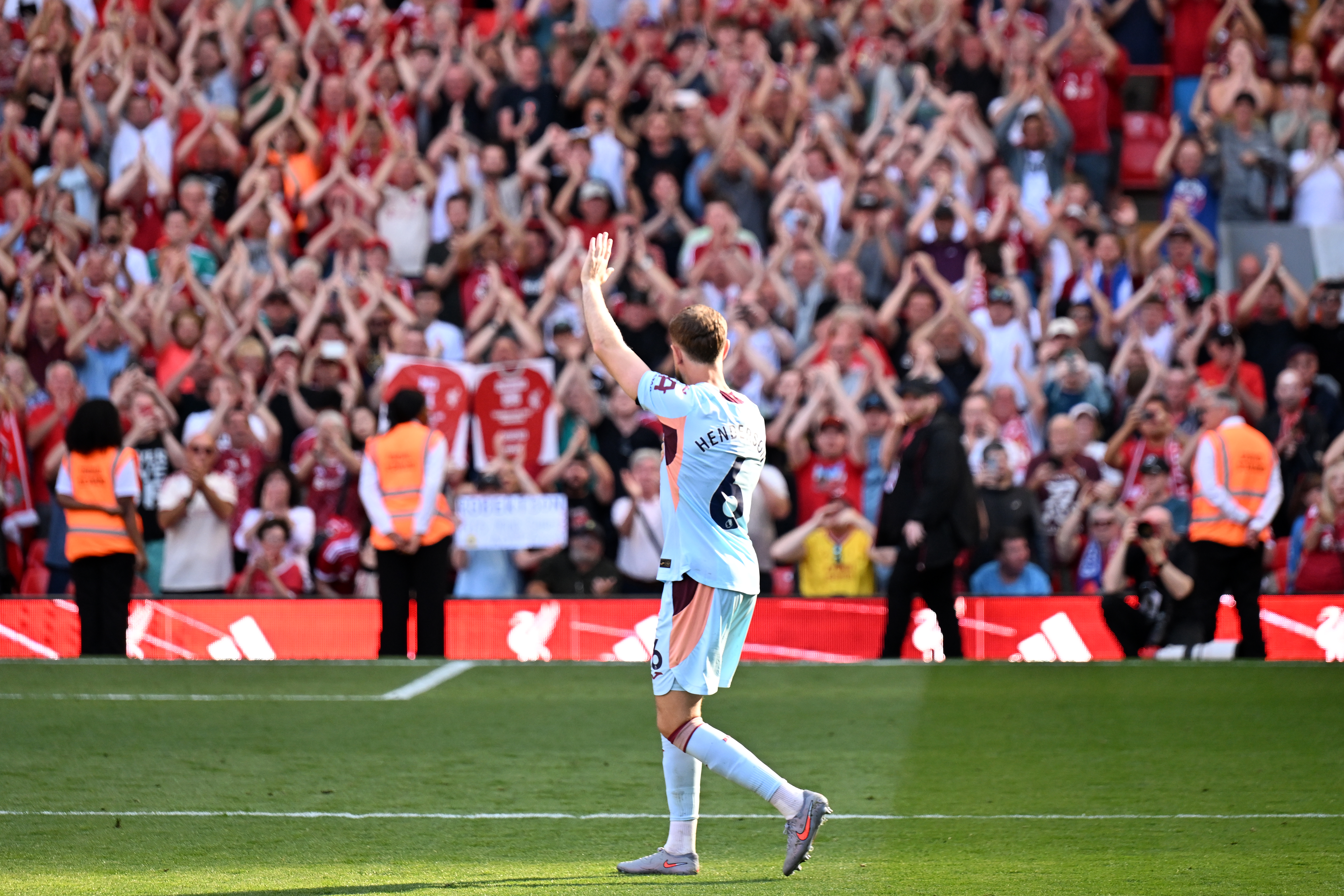 Jordan Henderson of Brentford applauds the fans following the Premier League match between Liverpool and Brentford at Anfield on May 24, 2026 in Liverpool, England.