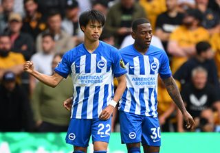Brighton vs Newcastle live stream Kaoru Mitoma of Brighton & Hove Albion celebrates after scoring the team's first goal during the Premier League match between Wolverhampton Wanderers and Brighton & Hove Albion at Molineux on August 19, 2023 in Wolverhampton, England
