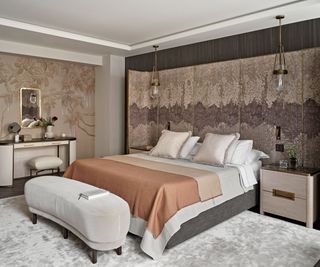 contemporary bedroom with brown and neutral colorscheme