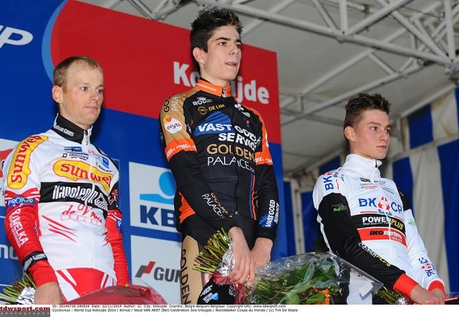 The podium l-r: Kevin Pauwels (Sunweb - Napoleon Games), Wout Van Aert (Vastgoedservice - Golden Palace), Mathieu Van Der Poel (BKCP - Powerplus_
