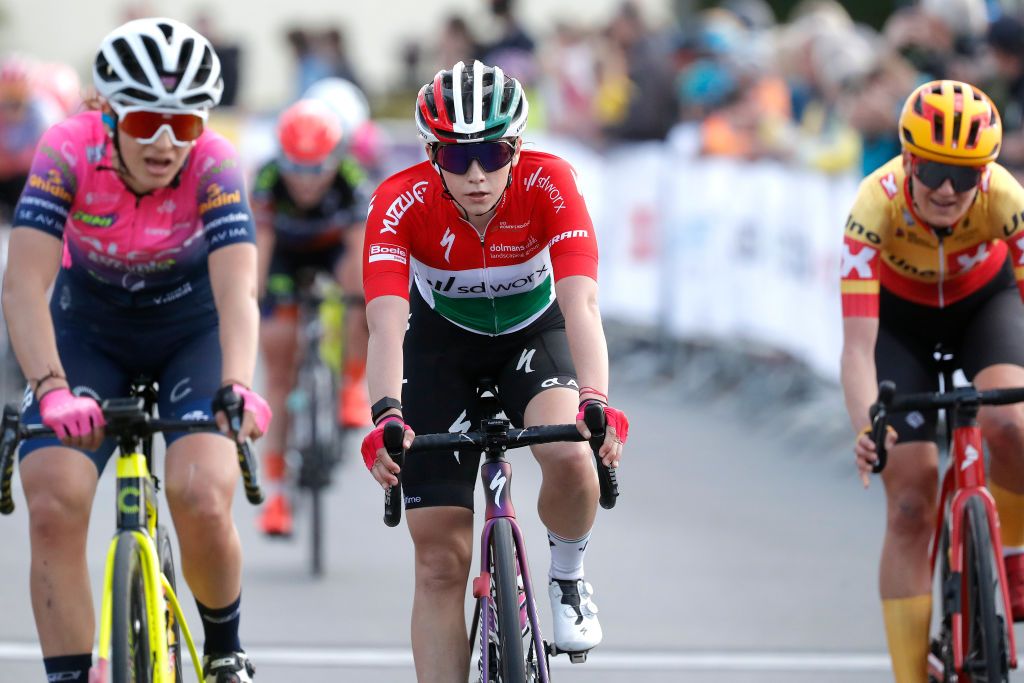 STEINFORT LUXEMBOURG APRIL 30 Kata Blanka Vas of Hungary and Team SD Worx crosses the finish line during the 14th Ceratizit Festival Elsy Jacobs 2022 Stage 1 a 1214km stage from Steinfort to Steinfort felsy on April 30 2022 in Steinfort Luxembourg Photo by Bas CzerwinskiGetty Images