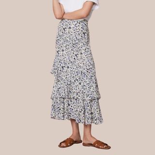 Neutral Floral Print Midi Skirt