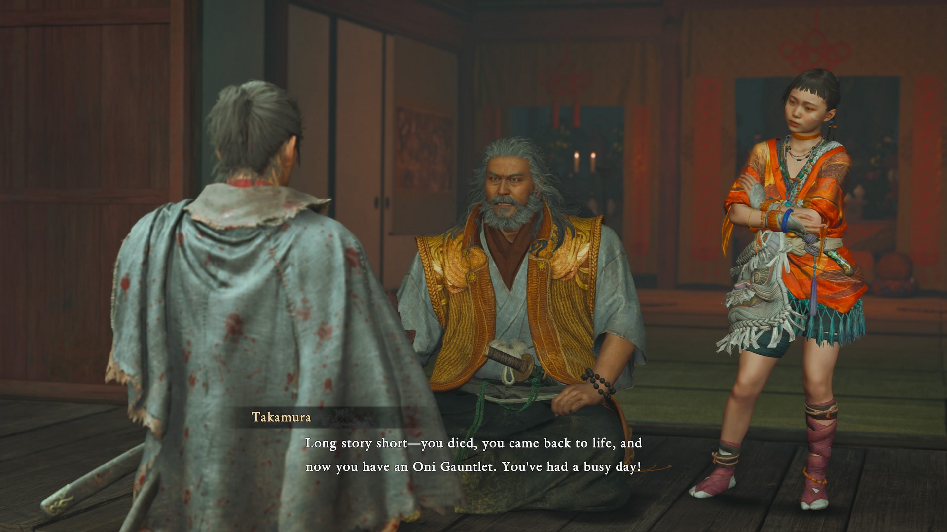 Takamura explains to Musashi about his Oni Gauntlet in Onimusha: Way of the Sword