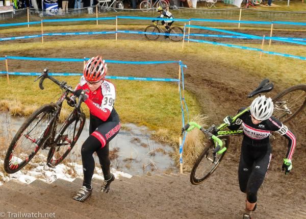 Amanda Carey and Devon Haskill racing on the stairs