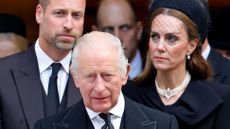 Prince William, Prince of Wales, King Charles III and Catherine, Princess of Wales attend Katharine, Duchess of Kent's Requiem Mass service at Westminster Cathedral on September 16, 2025 in London, England. Katharine, Duchess of Kent was married to Prince Edward, Duke of Kent, a first cousin of Queen Elizabeth II. She died on September 4 at the age of 92 at Kensington Palace surrounded by her family. Having converted to Catholicism in 1994, her funeral takes place at Westminster Cathedral and is the first Catholic funeral to be held for a member of the royal family in modern British history. Her Royal Highness will be laid to rest at the Royal Burial Ground at Frogmore, Windsor. (Photo by Max Mumby/Indigo/Getty Images)