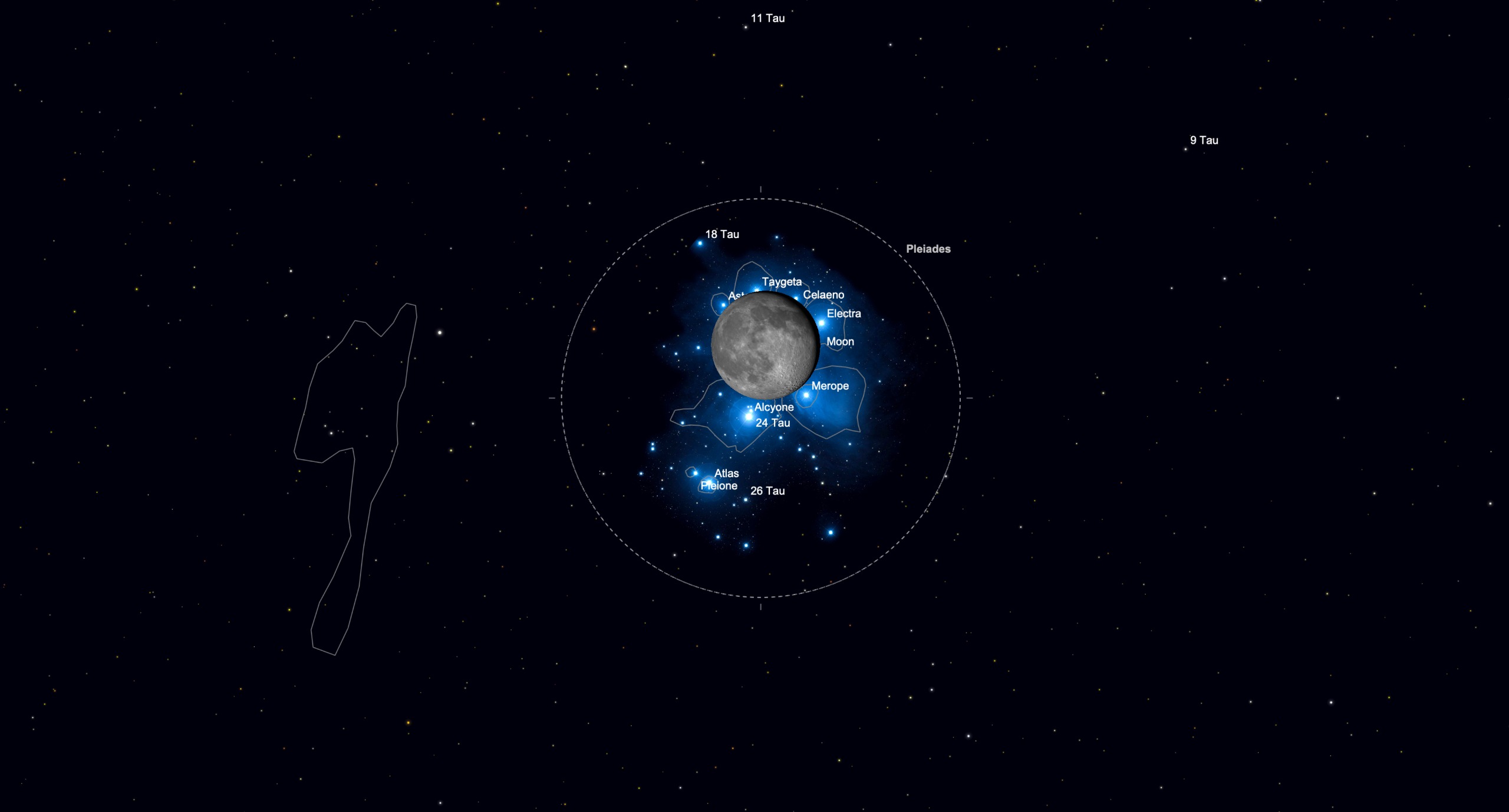 Close-up star chart showing the moon among the bright stars of the Pleiades star cluster, including Alcyone, Merope, Electra and Taygeta.
