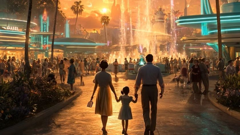 RetroEscapes family walking into park concept art