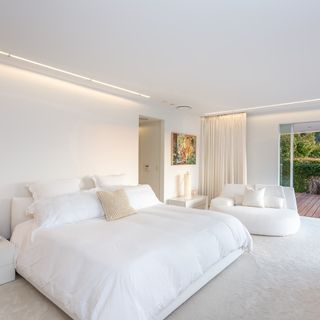 bedroom with white wall and sliding door