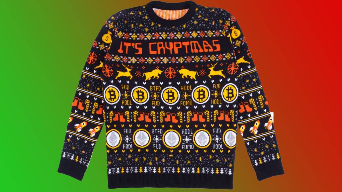 A cryptocurrency inspired ugly Christmas jumper resting serenely on a Christmas-inspired gradient