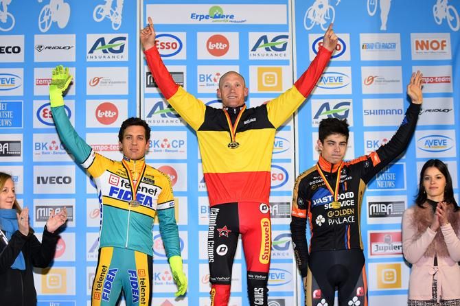 Klaas Vantornaout on the podium with Tom Meeusen and Wout Van Aert.