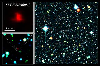 The ancient galaxy SXDF-NB1006-2 (at center of right image and in insets on left) is seen in this color composite image from the Subaru XMM-Newton Deep Survey Field. The galaxy appears in red and is 13.1 billion light-years from Earth.