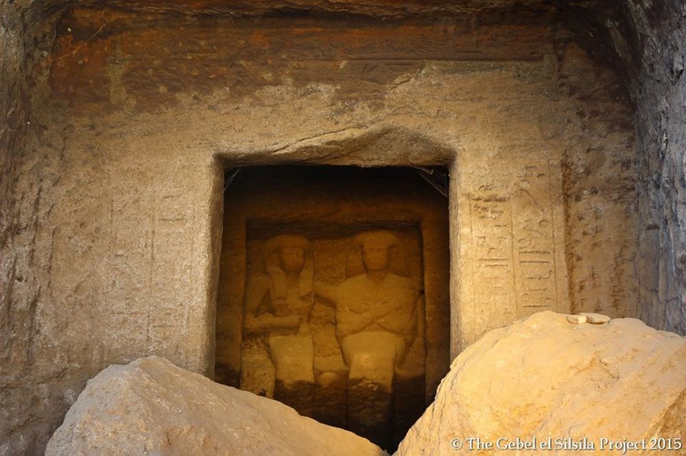 A statue of an ancient Egyptian power couple (a man named Neferkhewe and his wife) from the 18th Dynasty graces a cenotaph at the ancient Egyptian site Gebel el Silsila. 