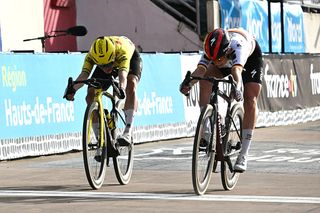 FDJ United-SUEZ's German rider Franziska Koch (R) crosses the finish line ahead of Team Visma - Lease a Bike's Dutch rider Marianne Vos to win the 6th edition of the Women Paris-Roubaix Femmes