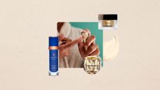 woman pumping moisturiser onto her finger with images of luxury face creams bordering on a beige background