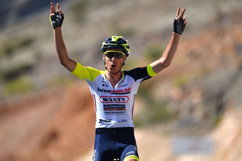 JABAL AL AKHDHAR OMAN FEBRUARY 14 Jan Hirt of Czech Republic and Team Intermarch Wanty Gobert Matriaux celebrates at finish line as stage winner during the 11th Tour Of Oman 2022 Stage 5 a a 1505km stage from Samail to Jabal Al Akhdhar Green Mountain 1217m TourofOman on February 14 2022 in Jabal Al Akhdhar Oman Photo by Dario BelingheriGetty Images