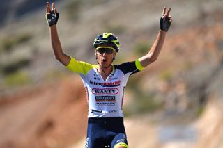 JABAL AL AKHDHAR OMAN FEBRUARY 14 Jan Hirt of Czech Republic and Team Intermarch Wanty Gobert Matriaux celebrates at finish line as stage winner during the 11th Tour Of Oman 2022 Stage 5 a a 1505km stage from Samail to Jabal Al Akhdhar Green Mountain 1217m TourofOman on February 14 2022 in Jabal Al Akhdhar Oman Photo by Dario BelingheriGetty Images