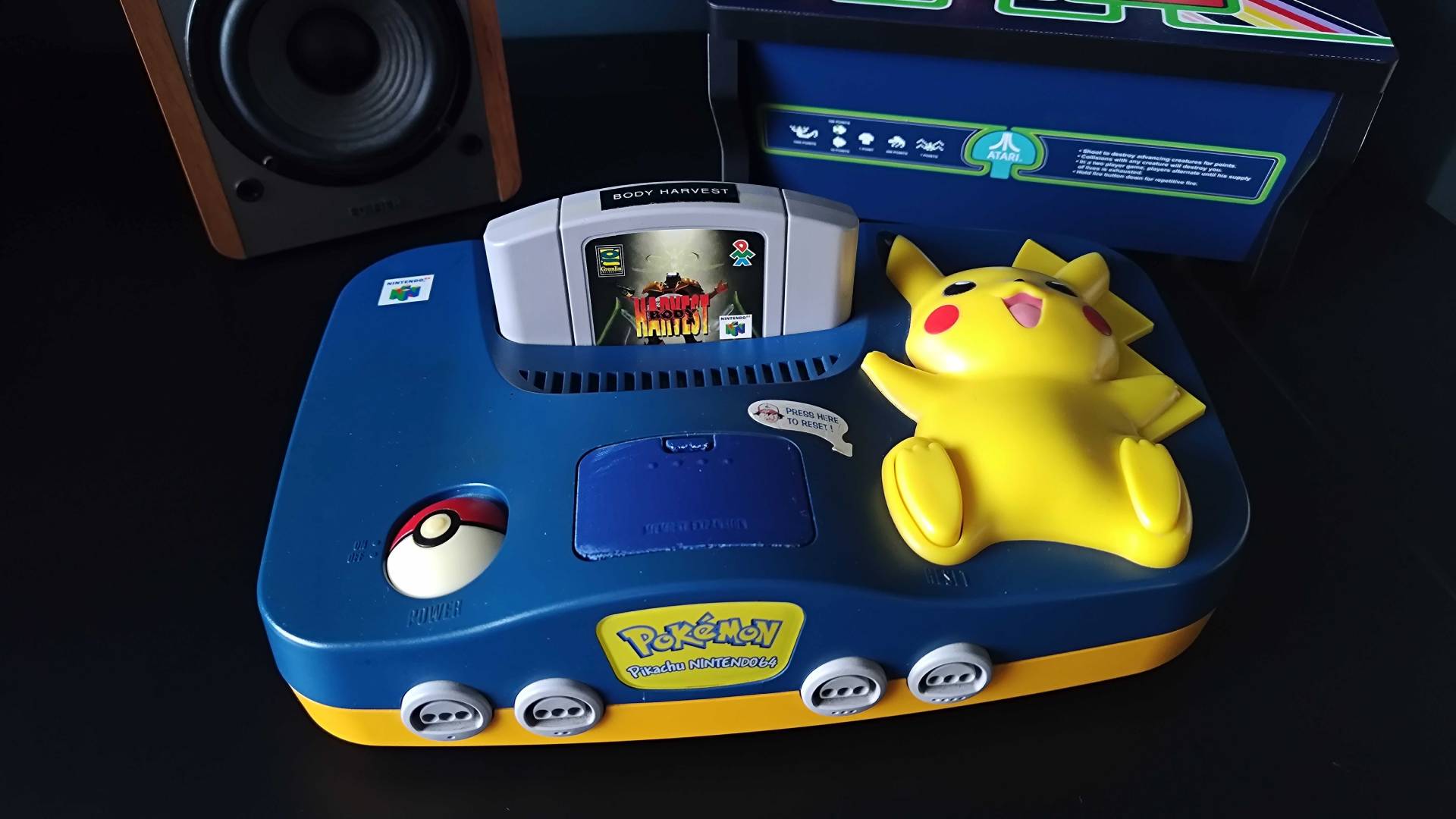 Pikachu N64 with Body Harvest cartridge inserted.