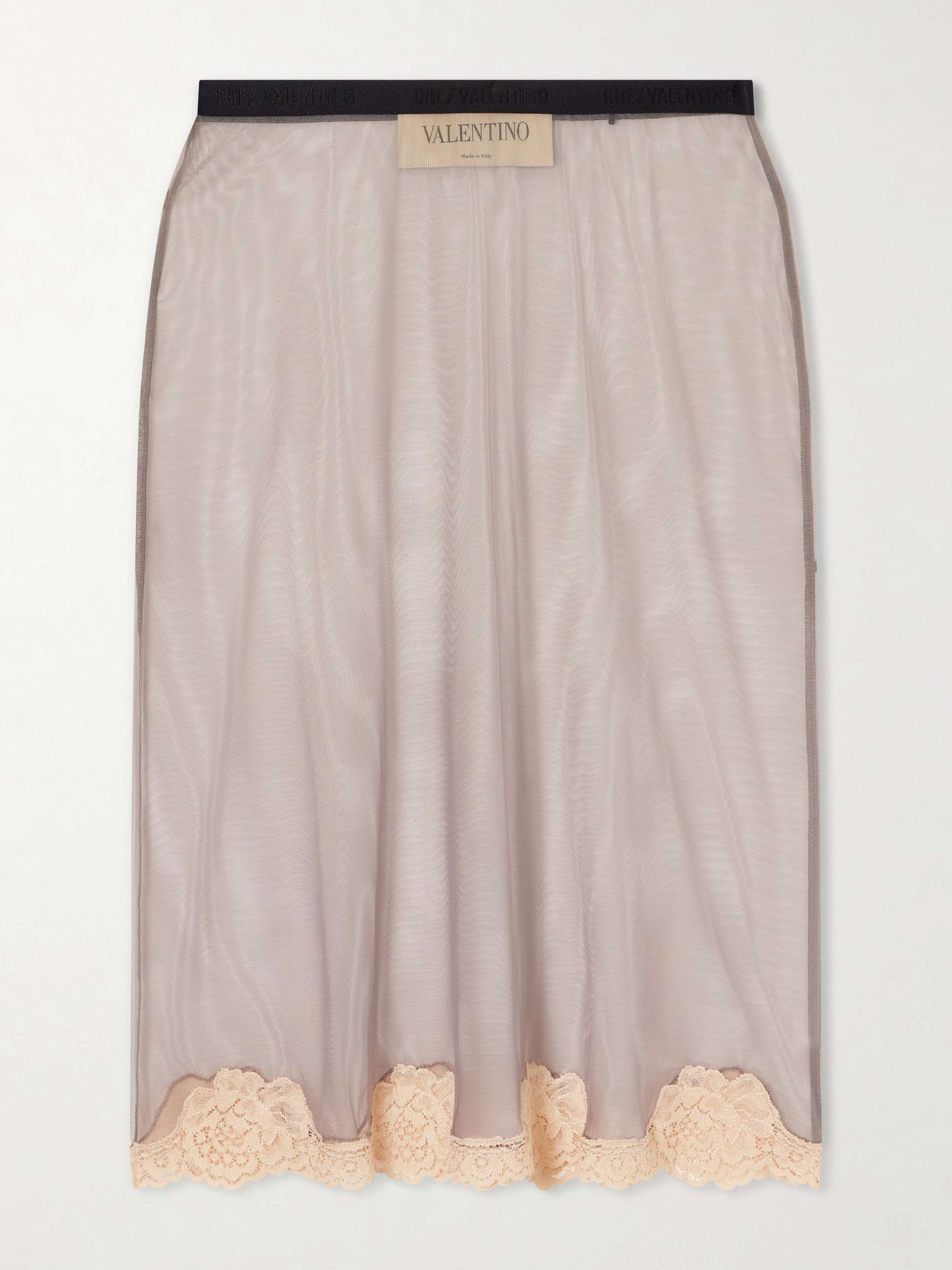 Lace-Trimmed Mesh Midi Skirt
