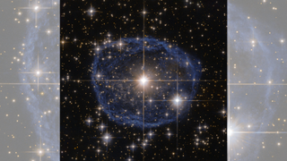 A transparent blue bubble in space with a bright star shining in the center