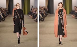 Two models, one in a black & orange design dress with handbag, The other wearing a black & orange design dress with long coat.