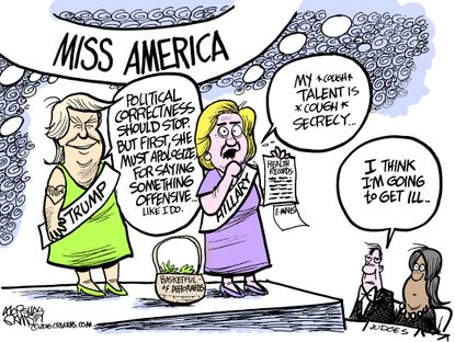 Political cartoon U.S. 2016 election Hillary Clinton Donald Trump Miss America