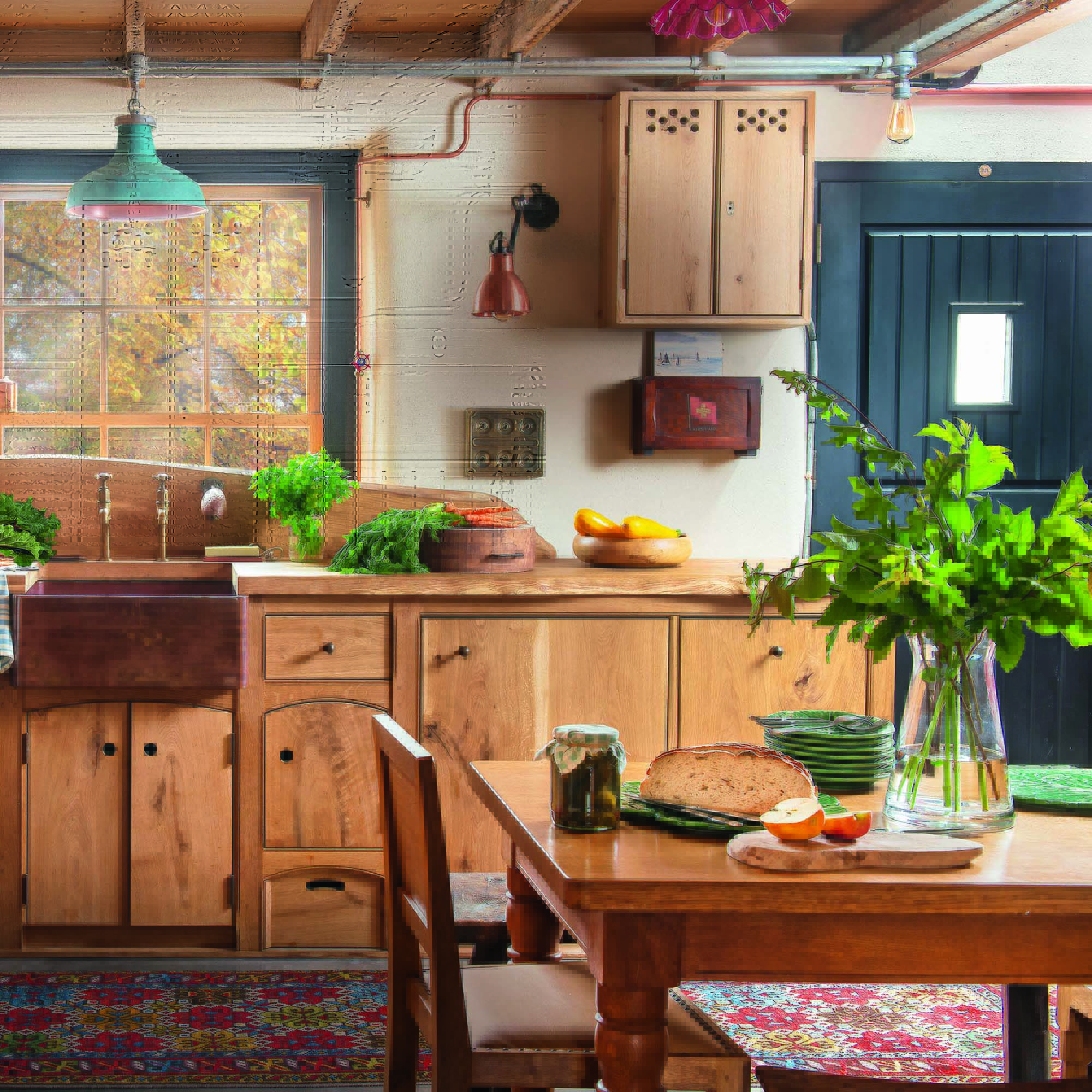 Wooden country kitchen with farmhouse table