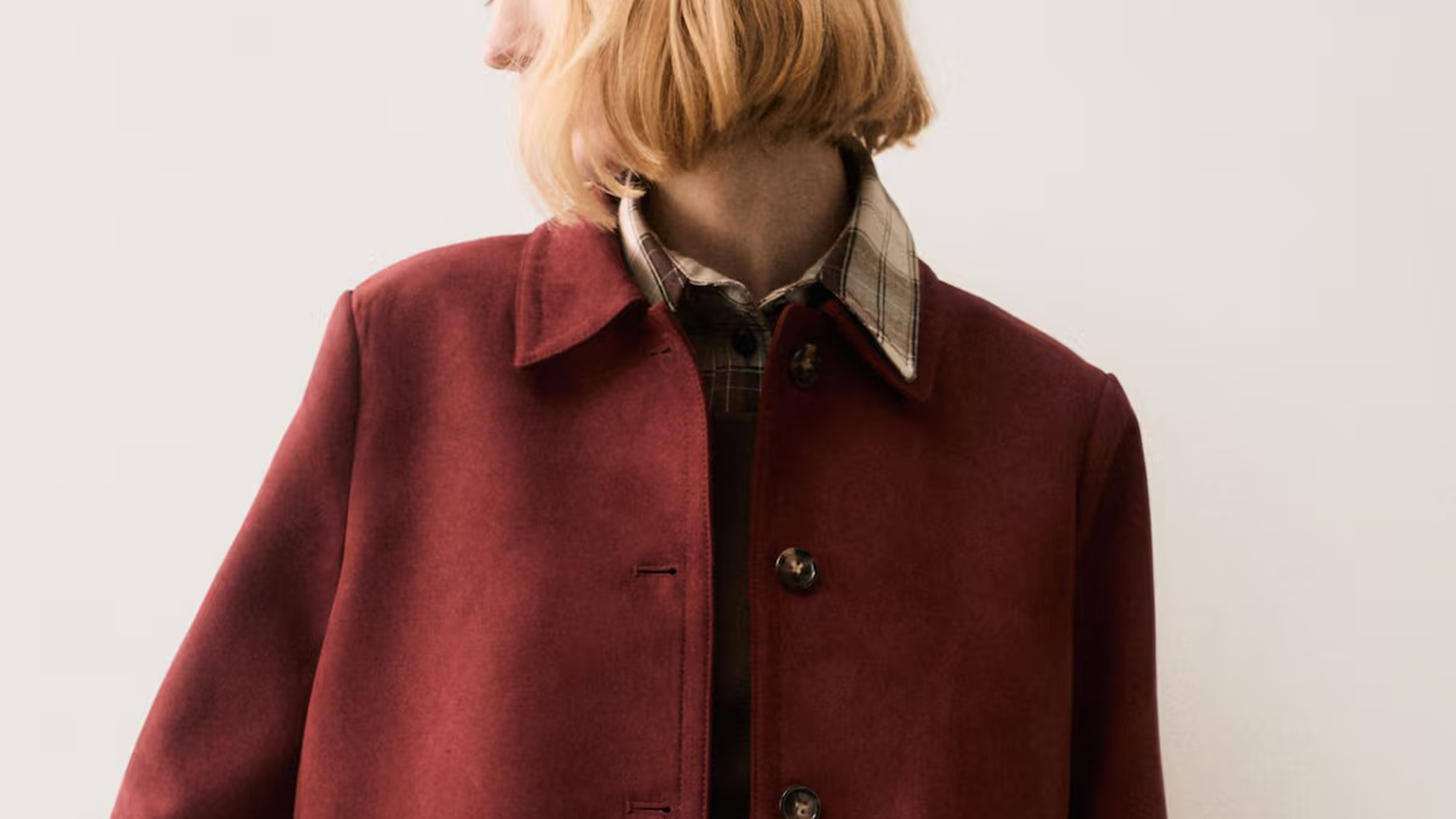 Photo of model wearing red suede H&amp;M jacket.