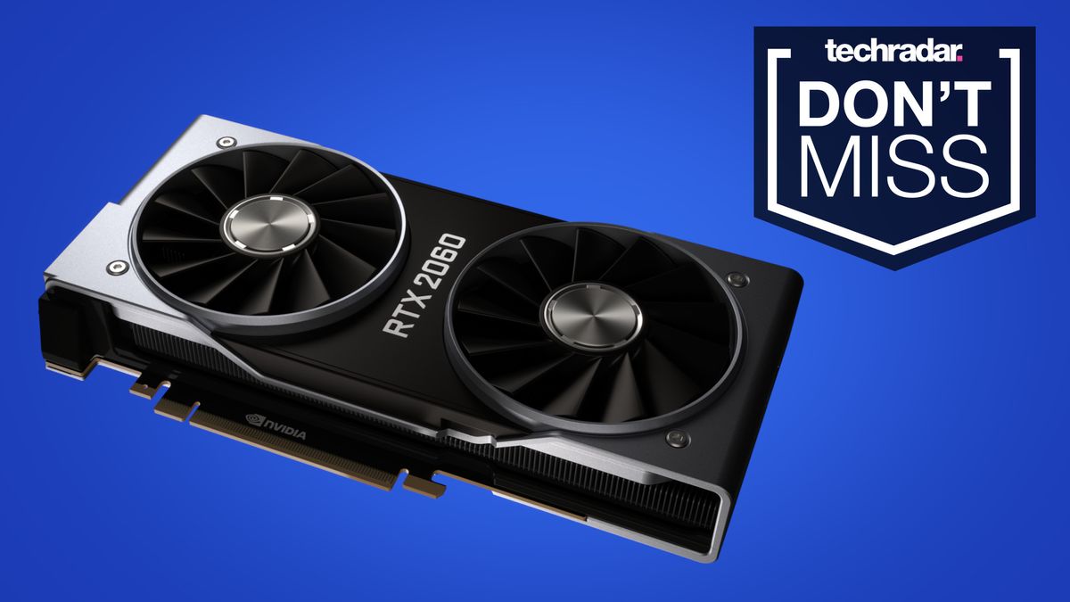 A stock Nvidia GeForce RTX 2060 graphics card on a blue background, with a TechRadar &#039;Don&#039;t Miss&#039; badge