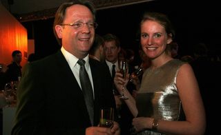 Armin Mueller, CFO of Jil Sander with Julie Mys also of Jil Sander. Jil Sander won the award for best fashion.