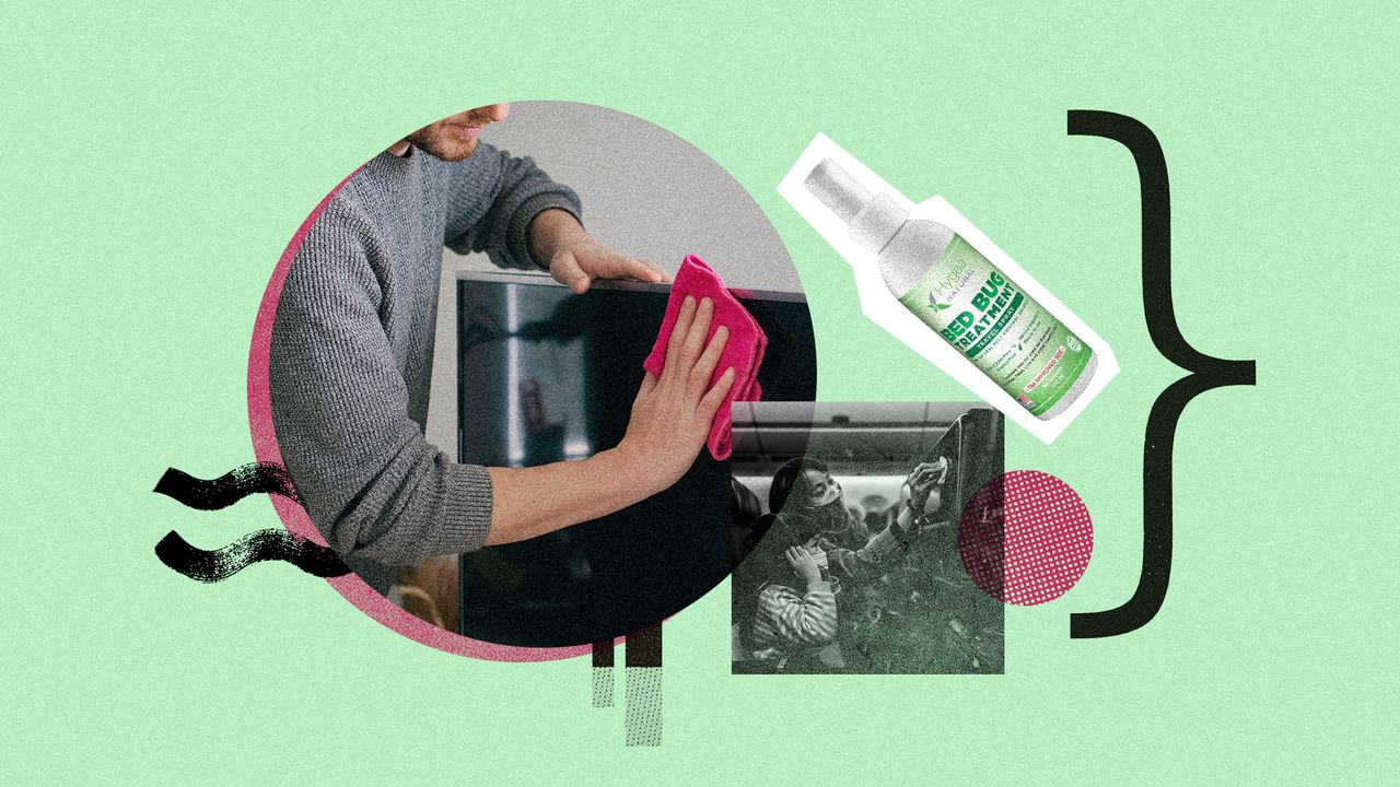 Photo collage of a man wiping down a TV, a woman sanitising a screen on a plane if front of her daughter, and a product shot of a bed bug travel spray.