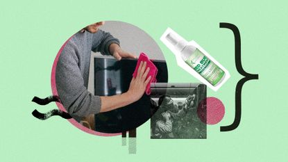 Photo collage of a man wiping down a TV, a woman sanitising a screen on a plane if front of her daughter, and a product shot of a bed bug travel spray.