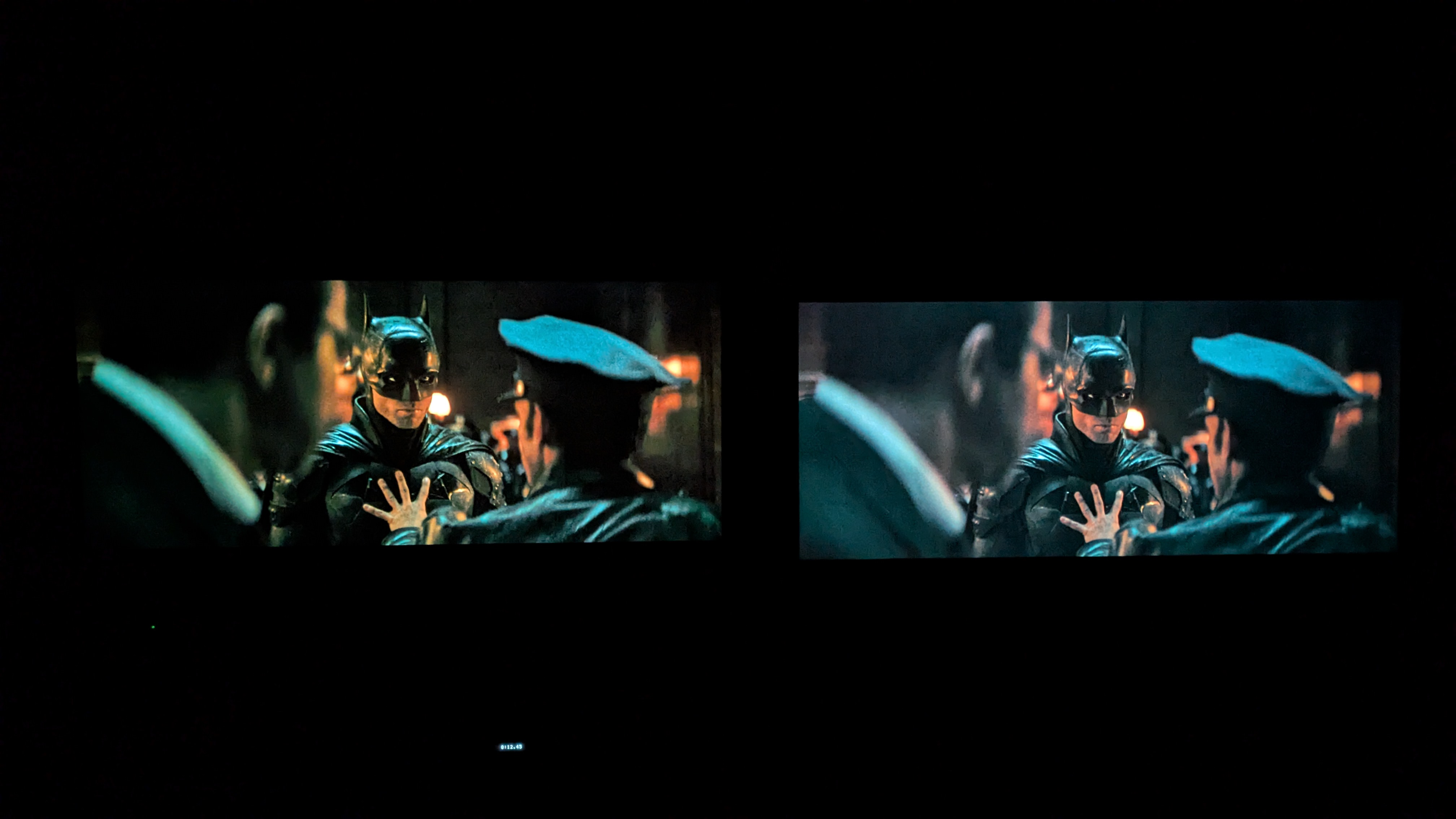 Panasonic Z95B (left) and LG G5 (right) displaying Batman and police officers from The Batman