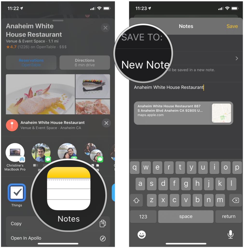 Send a location from Maps to Notes by showing steps: Tap Notes on the Share Sheet, then tap New Note to choose where to save